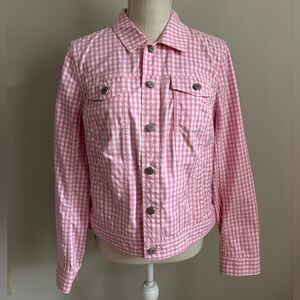 Gingham Denim Button Down Jacket Pink and White
